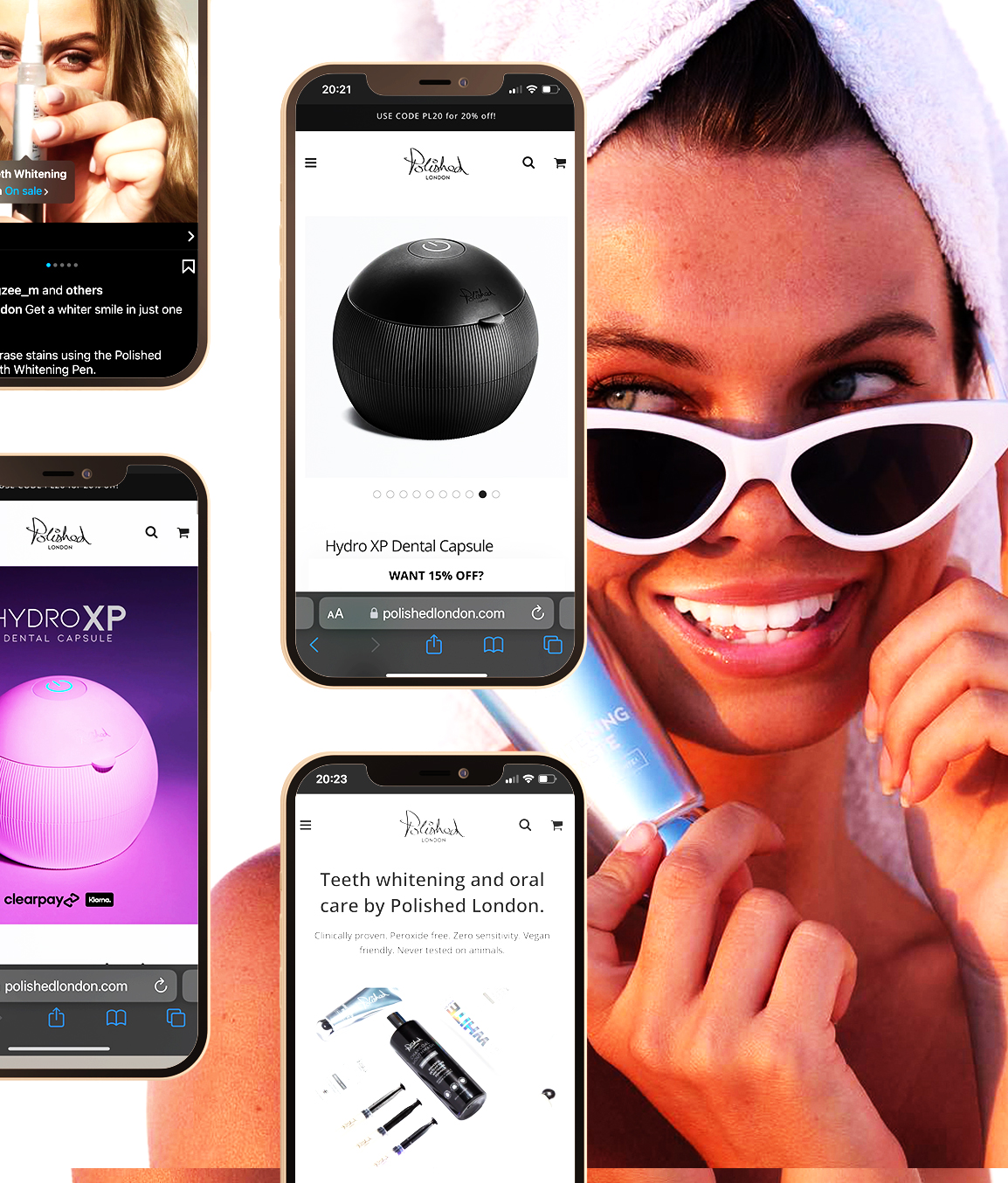 Polished London oral care products and Hydro XP Dental Capsule displayed on smartphones with smiling woman holding whitening.